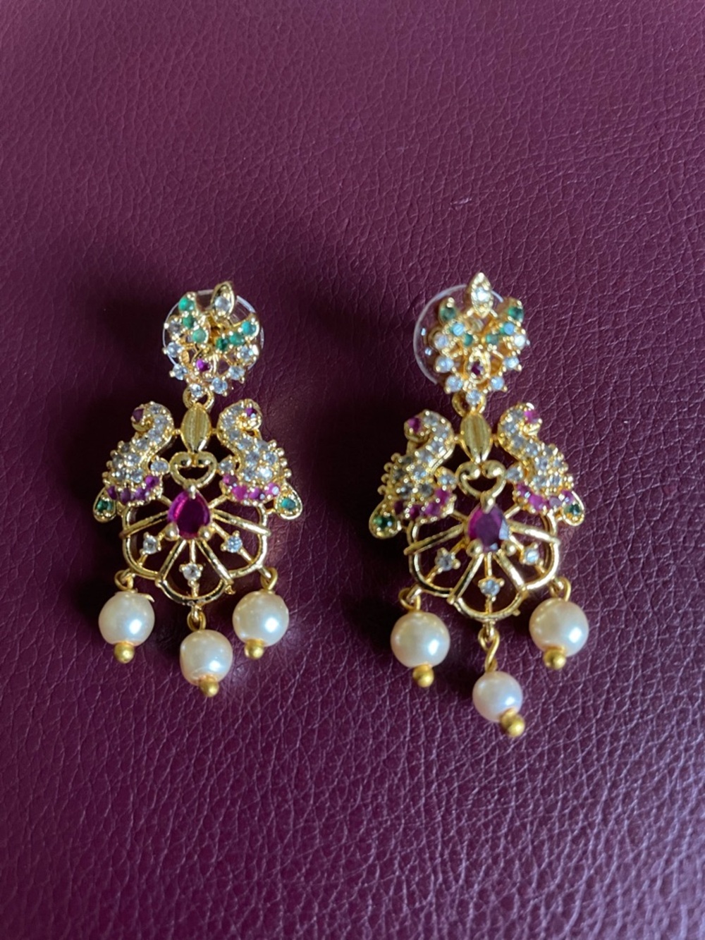 Gold-Tone Pearl Drop Earrings with Pink and Green Stones